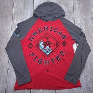 American Fighter Hoodie Mens Large Red Grey Graphic Raglan Long Sleeve Shirt